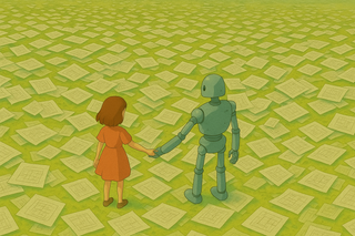 En pige og en robot står hånd i hånd og betragter et landskab fyldt med dokumentation. Der er en lidt håbløs stemning. (AI-gen) En pige og en robot står hånd i hånd og betragter et landskab fyldt med dokumentation. Der er en lidt håbløs stemning. (AI-gen)